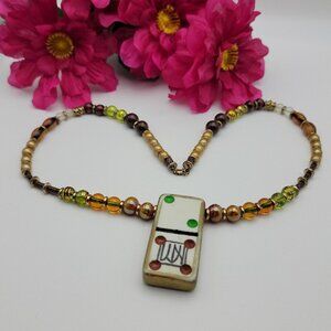 Vtg. Domino Tile / Cat Pendant Multicolor Glass Beaded Necklace 14K GF Clasp 22"